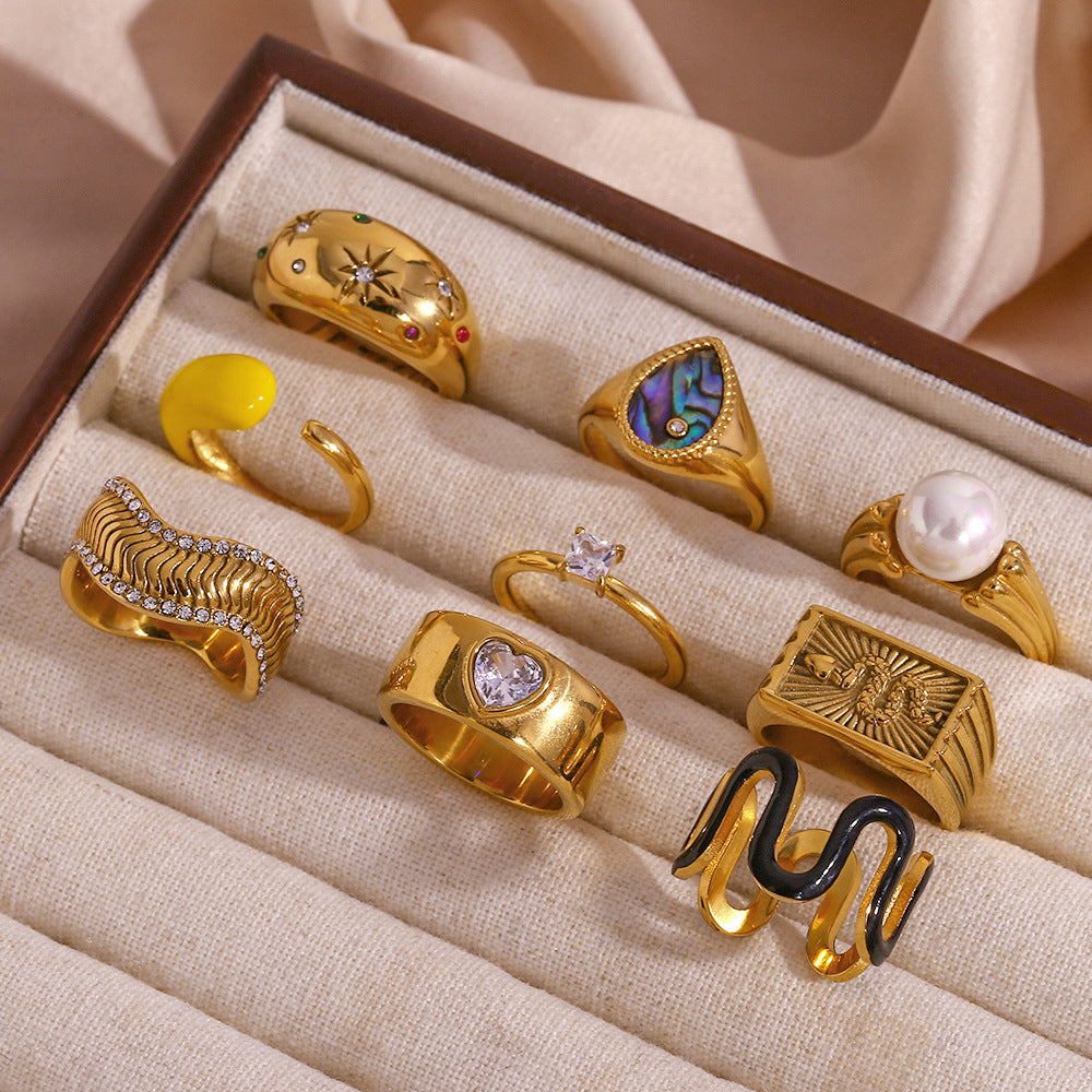 Anillo minimalista geométrico Y2K de acero inoxidable con chapado en oro de 18 quilates y acabado esmaltado para mujer