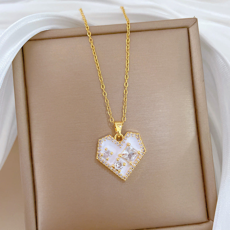 Sweet Elegant Heart Drip Oil Cubic Zirconia Titanium Steel Necklace for Unisex