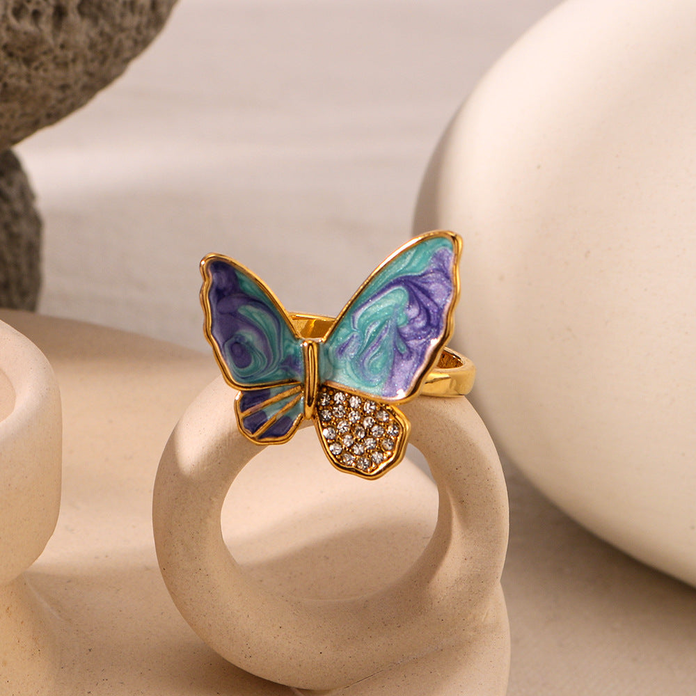 Vintage Butterfly-Shaped Stainless Steel Ring with 18K Gold Plating and Rhinestone Inlay for Women