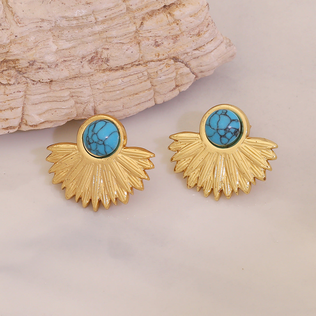 Vintage Geometric Stainless Steel Earrings with 18K Gold Plating and Turquoise Inlay