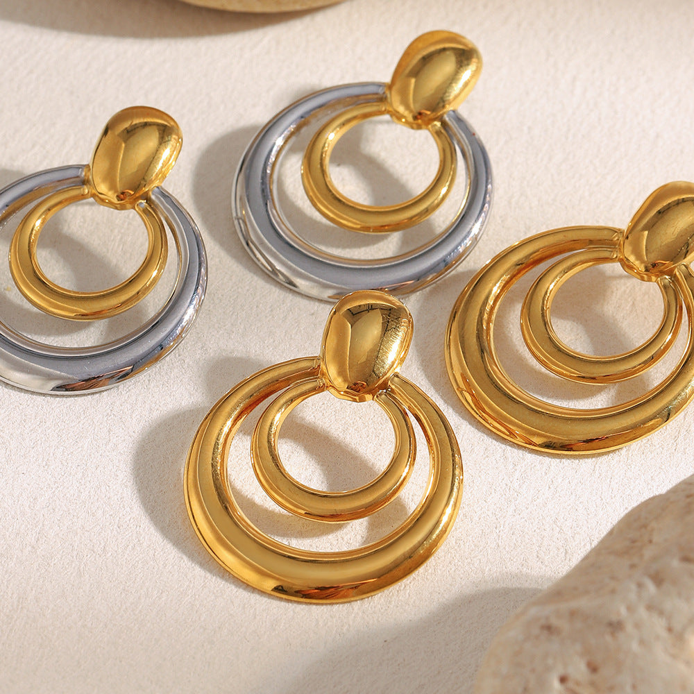 Minimalist Modern 18K Gold Plated Stainless Steel Geometric Double Ring Stud Earrings for Women