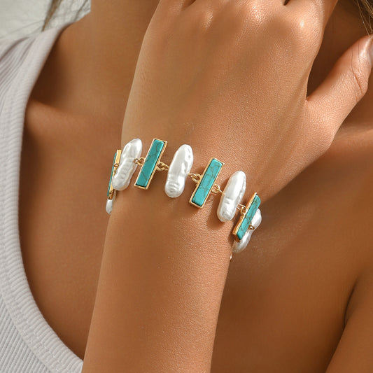 Pulsera Geométrica de Mujer con Incrustaciones de Turquesa y Detalles de Perlas en Aleación de Zinc para un Uso Diario a la Moda