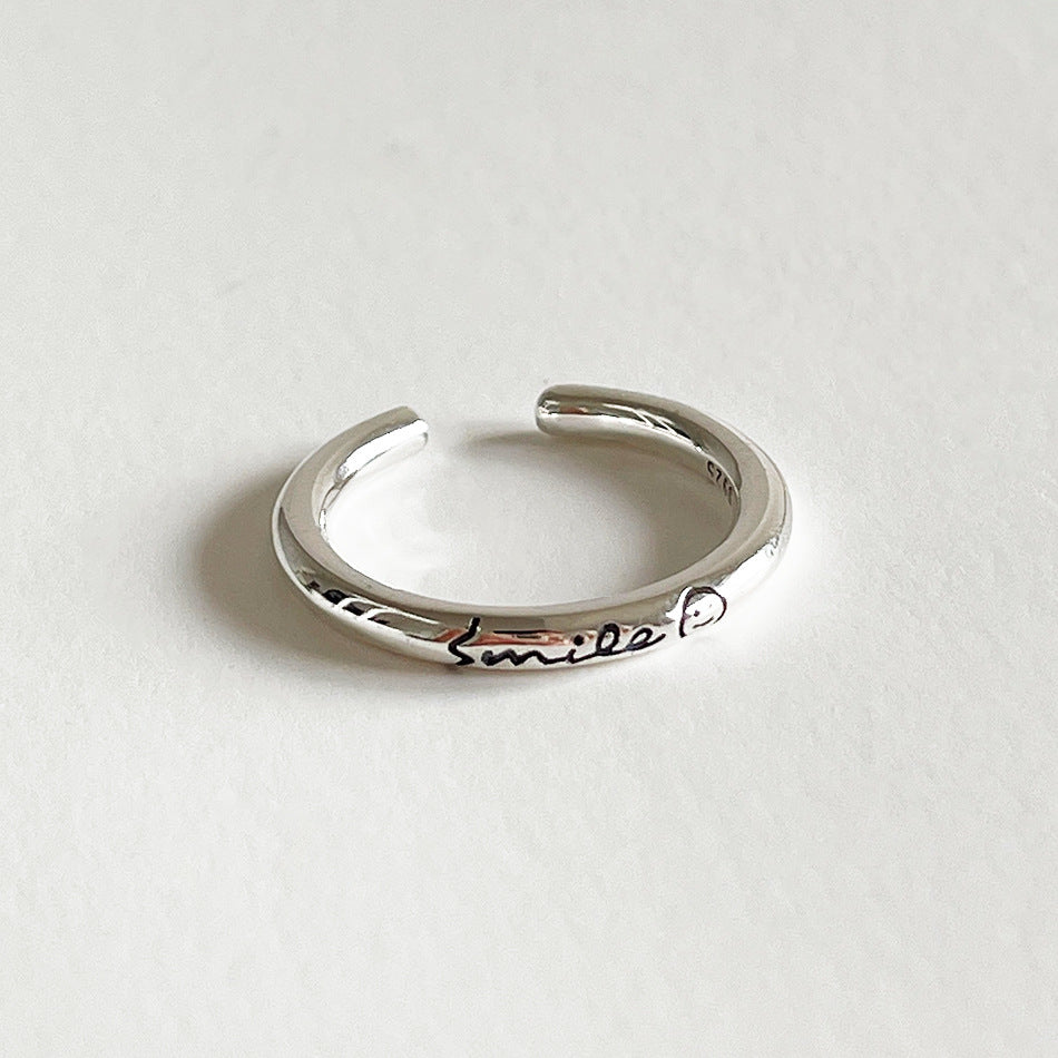 Anello a fascia aperta in argento sterling 925 con sorriso, vintage, retrò, gioiello geometrico con viso per donna