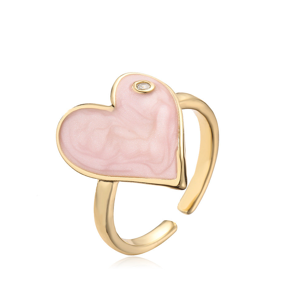 Cute Heart-Shaped Copper Ring with 18K Gold Plating and Enamel Finish for Women