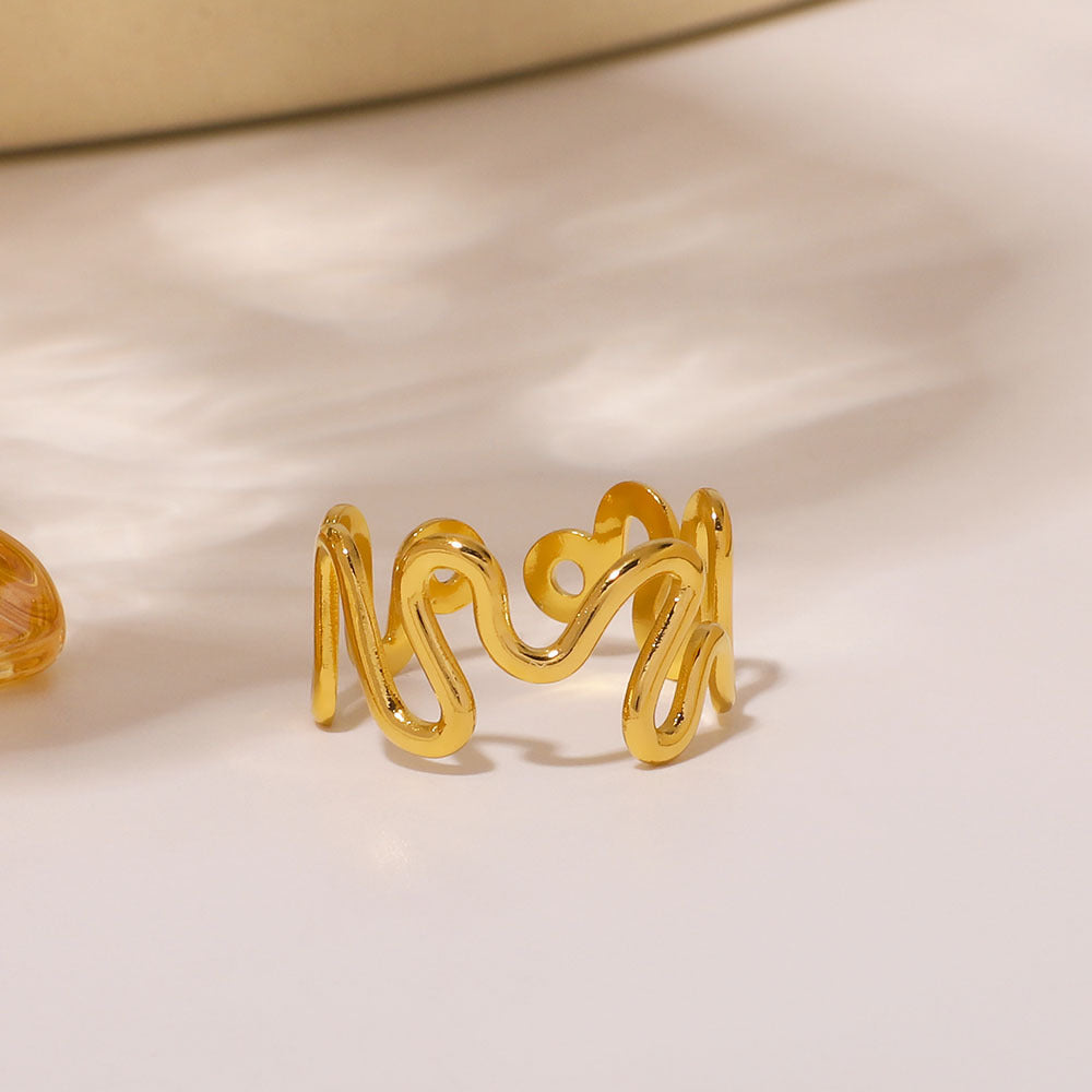 Wavy Line Stainless Steel Ring with 18K Gold Plating Hypoallergenic Minimalist Geometric Design