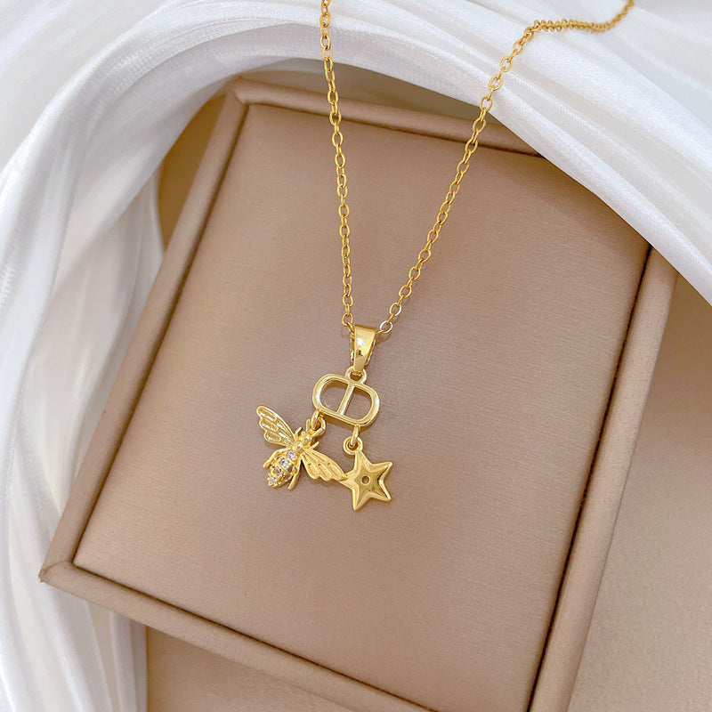 Sweet Minimalist Star Bee Rhinestone Pendant Titanium Steel Necklace for Unisex