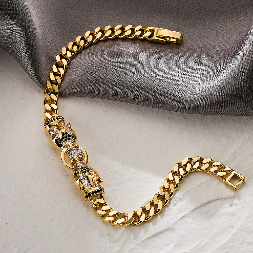 Bracciale Cubano Geometrico a Forma di Leopardo alla Moda da Donna in Rame Placcato Oro con Intarsio di Zirconi