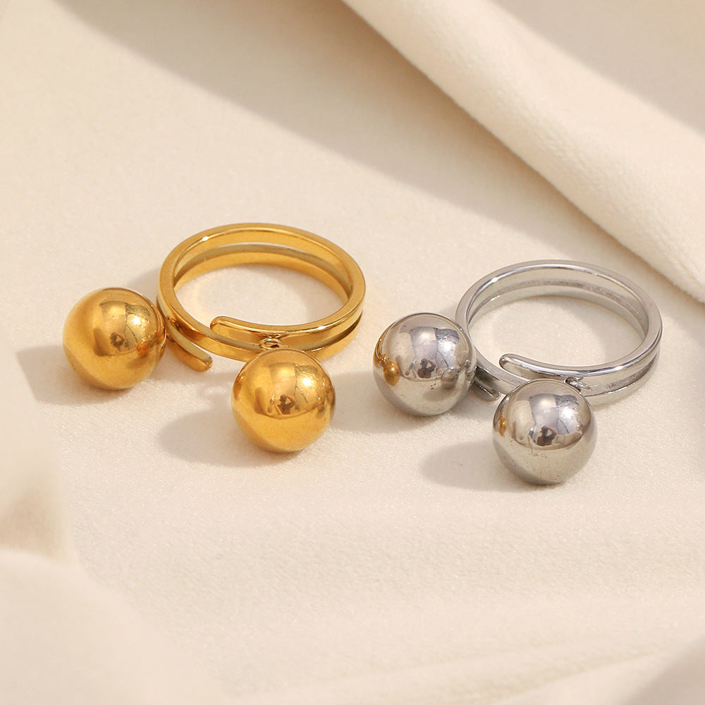 Anillo de doble esfera chapado en oro de 18 quilates de acero inoxidable geométrico minimalista para mujer