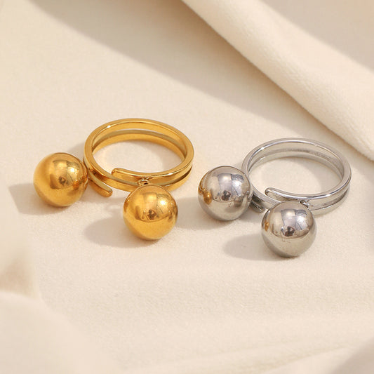 Anello da donna in acciaio inossidabile placcato oro 18 carati a doppia sfera geometrico minimalista