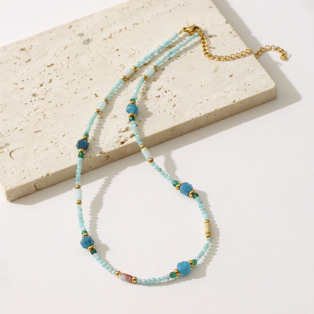 Collar estilo francés retro con piedra natural azul geométrica para mujer con acabado chapado y diseño de cuentas