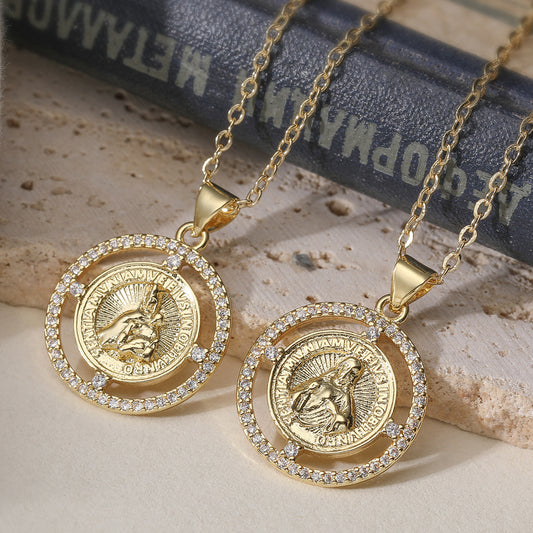 Vintage Minimalist Round Brass Gold Plated Cubic Zirconia Maria Pendant Necklace for Women