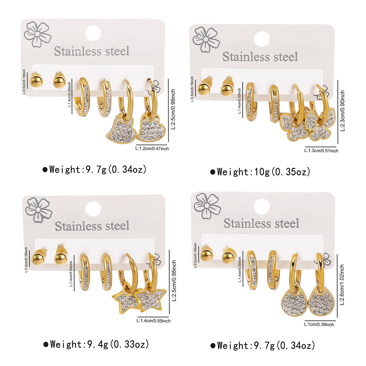 Minimalist Geometric Stainless Steel Rhinestone Ear Studs Set with Enamel Finish for Women