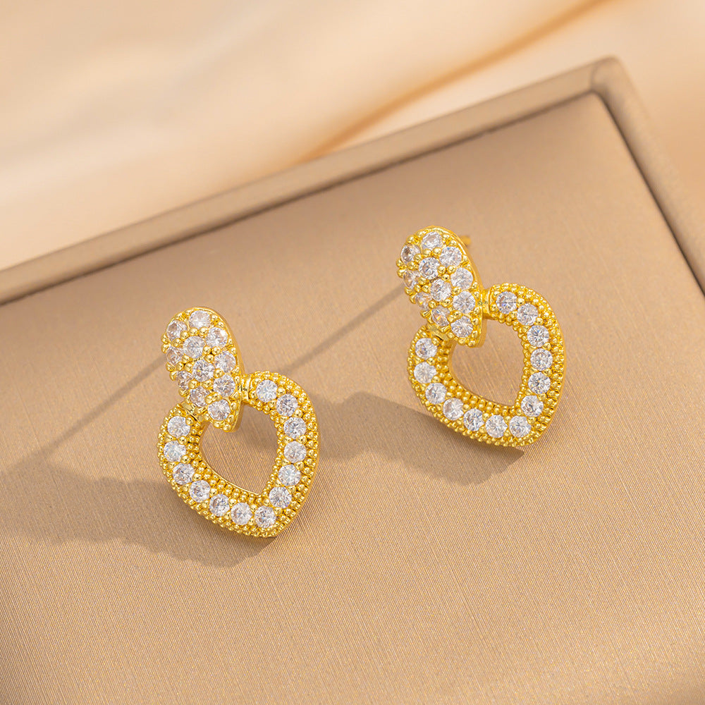 Elegant Minimalist Heart-Shaped Titanium Steel Necklace and Earrings Set with Zircon Inlay and 18K Gold Plated Copper Accents