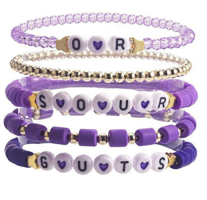Purple Resin Letter Charm Bar Bracelet Set Unisex