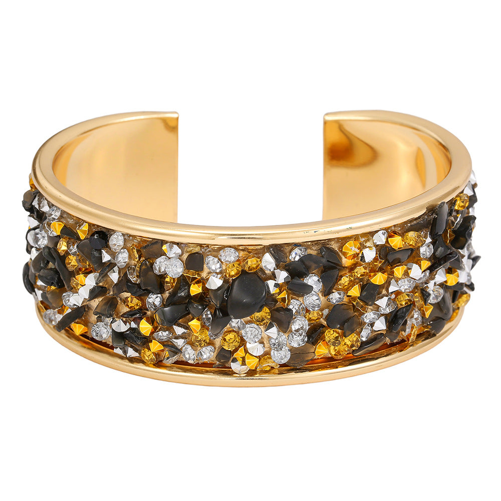 Exaggerated Geometric Round Rhinestone Inlay Plated Alloy Open Cuff Bracelet