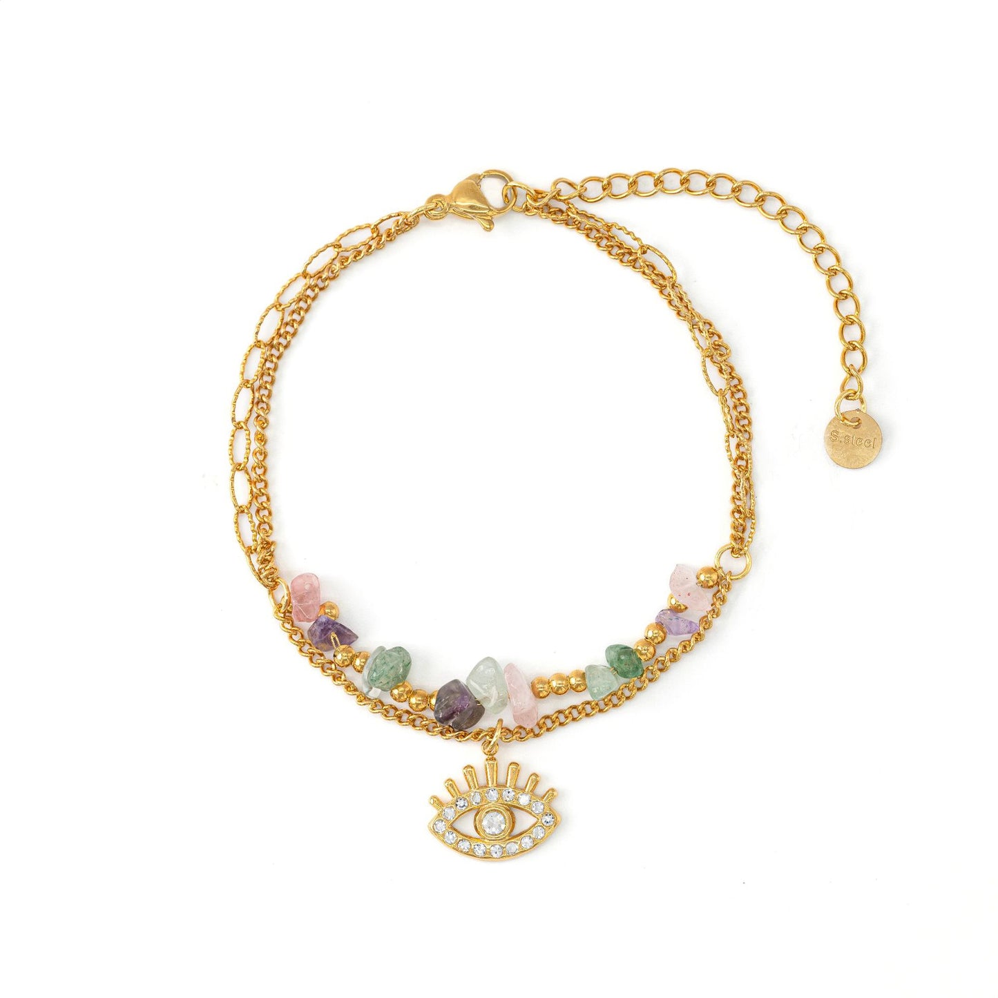 Bracciale alla moda in acciaio inossidabile a forma di occhio con intarsio di zirconi e placcatura in oro 18 carati da donna