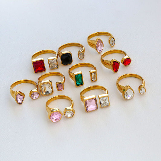 Vintage 18K Gold Plated Titanium Steel Adjustable Ring with Water Drop Zircon for Men and Women