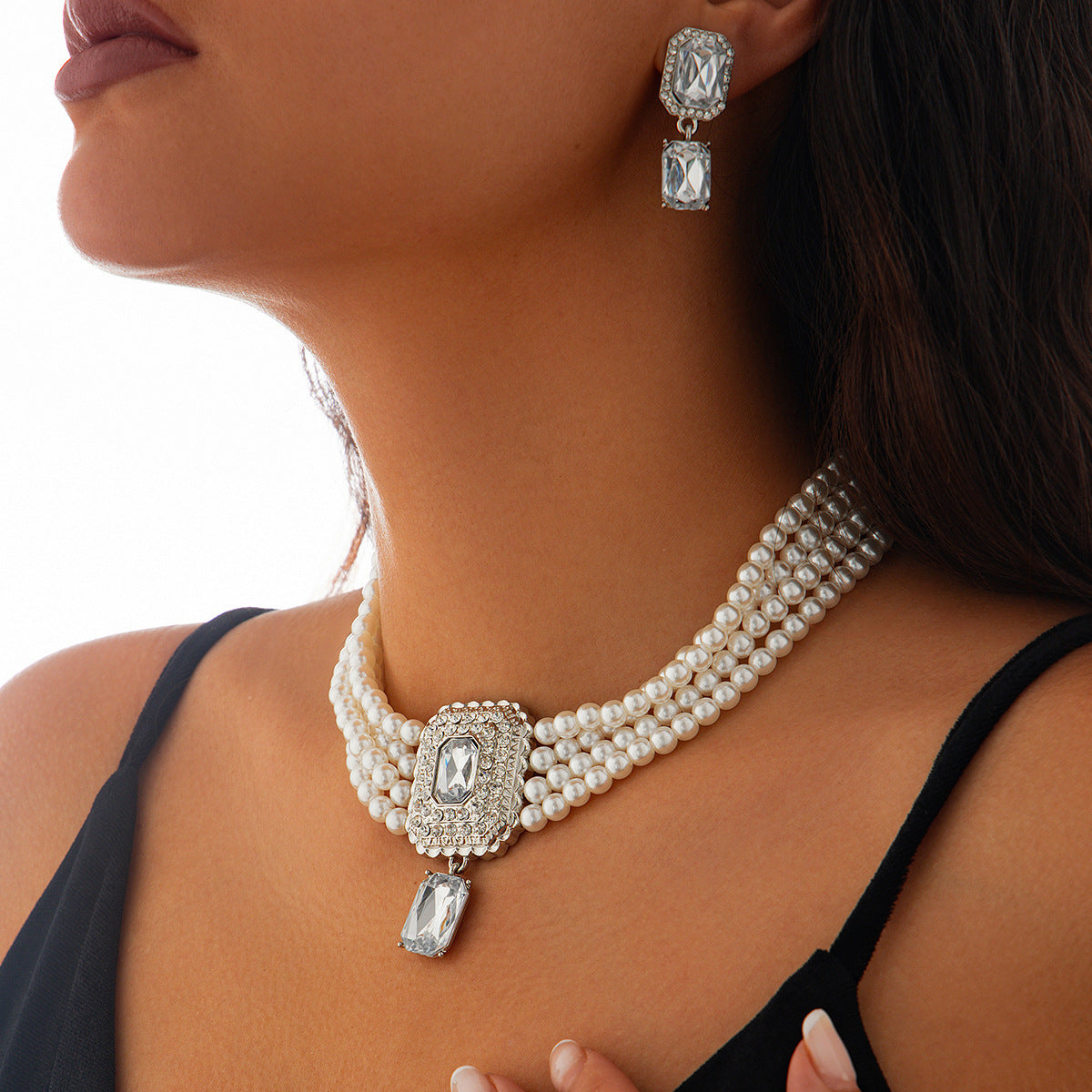 Luxury Multi-Layer Geometric Imitation Pearl Necklace and Earring Set with Triangle and Heart Charms for Women