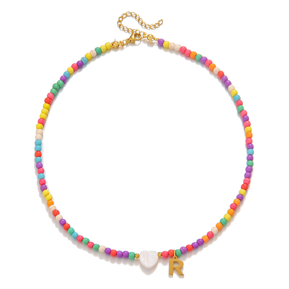 Minimalist Stainless Steel Letter Heart Necklace with Turquoise Inlay Cable Chain Unisex DIY Charm Bar