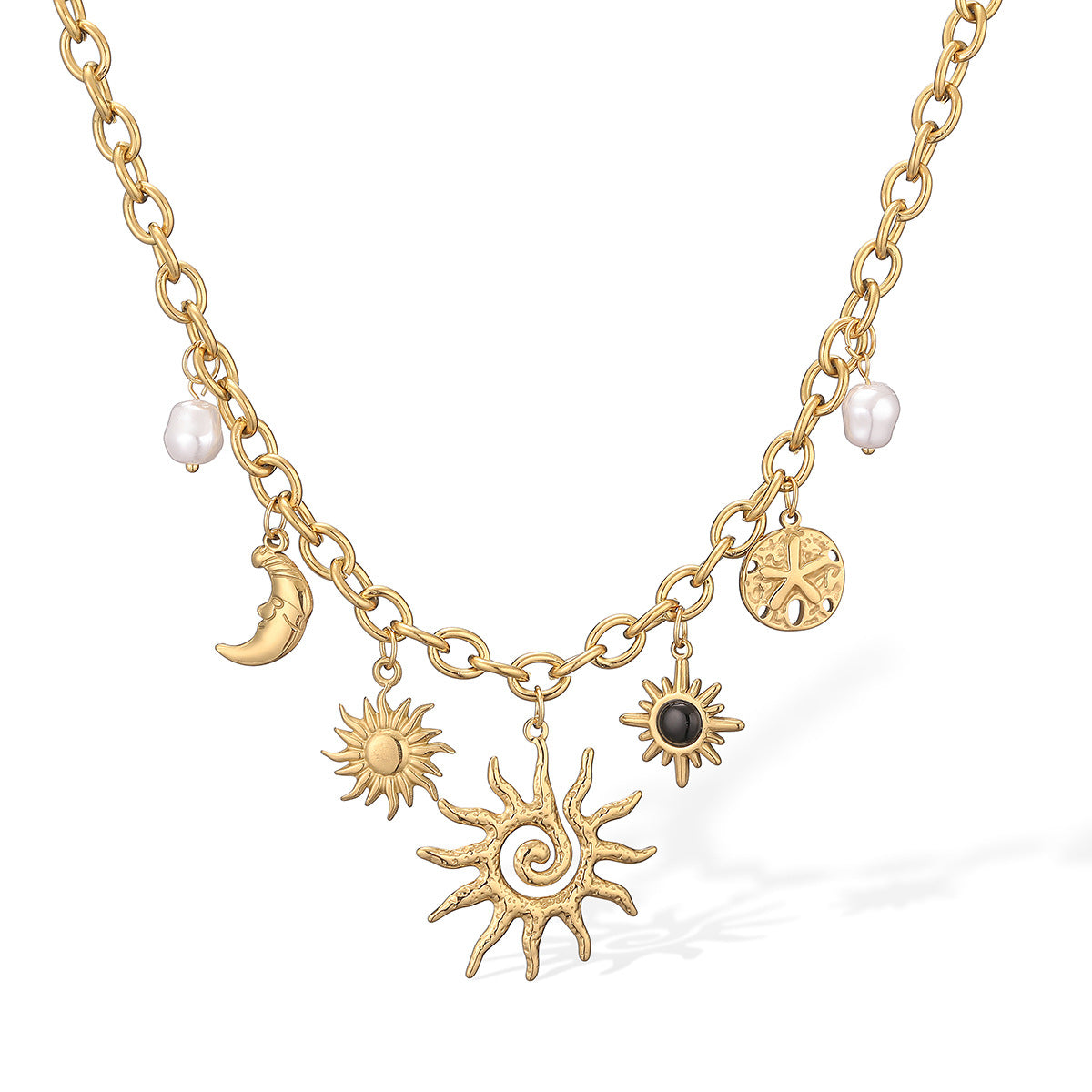 Collar con colgante minimalista geométrico de sol y luna para mujer de acero inoxidable con chapado en oro de 18 quilates