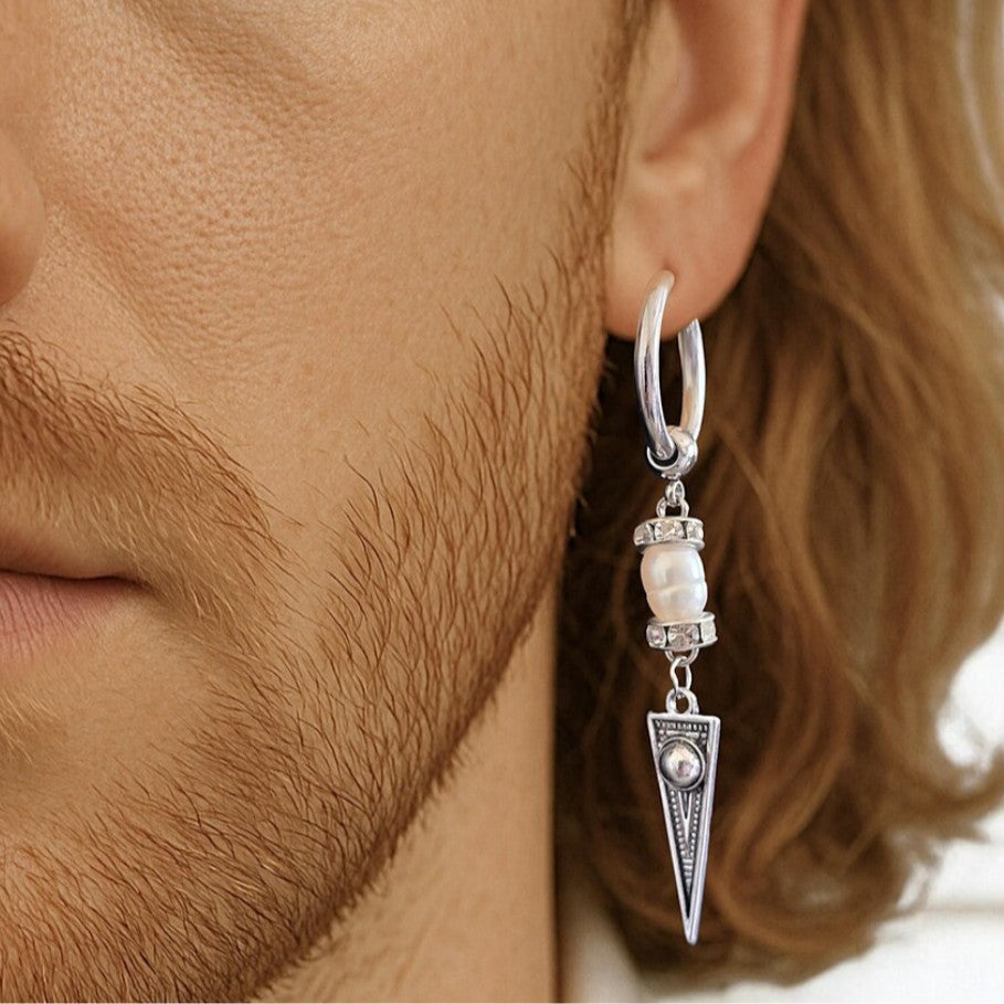 Hip-hop Punk Triangle Geometric Alloy Earrings with Imitation Pearl for Men