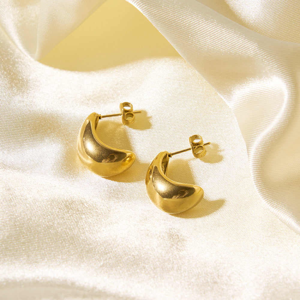 Minimalist Geometric Stainless Steel 18K Gold Plated Asymmetrical Hoop Earrings with Hollow Gold Bead Detail