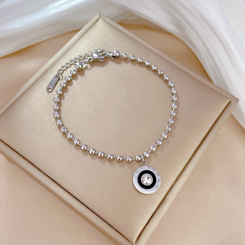 Elegant Minimalist Titanium Steel Round Hoop Bracelet with Roman Numerals and Zircon Accents for Women
