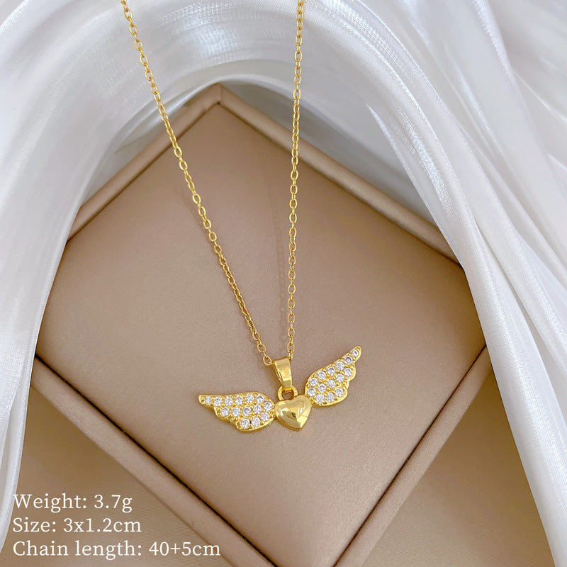 Elegant Titanium Steel Delicate Heart Wing Pendant Necklace for Women with Full Rhinestone Inlay, Dainty Clavicle Chain in Geometric Design