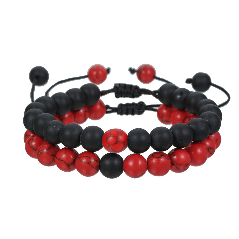 Vintage Matte Black Geometric Round Synthetic Stone Braided Bracelet Unisex Adjustable