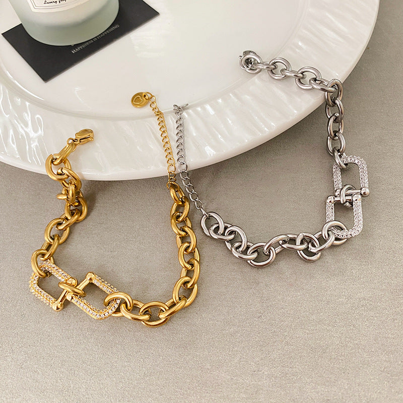 Minimalist Gold Plated Titanium Steel Micro-Pave Diamond Horseshoe Clasp Cuban Link Bracelet