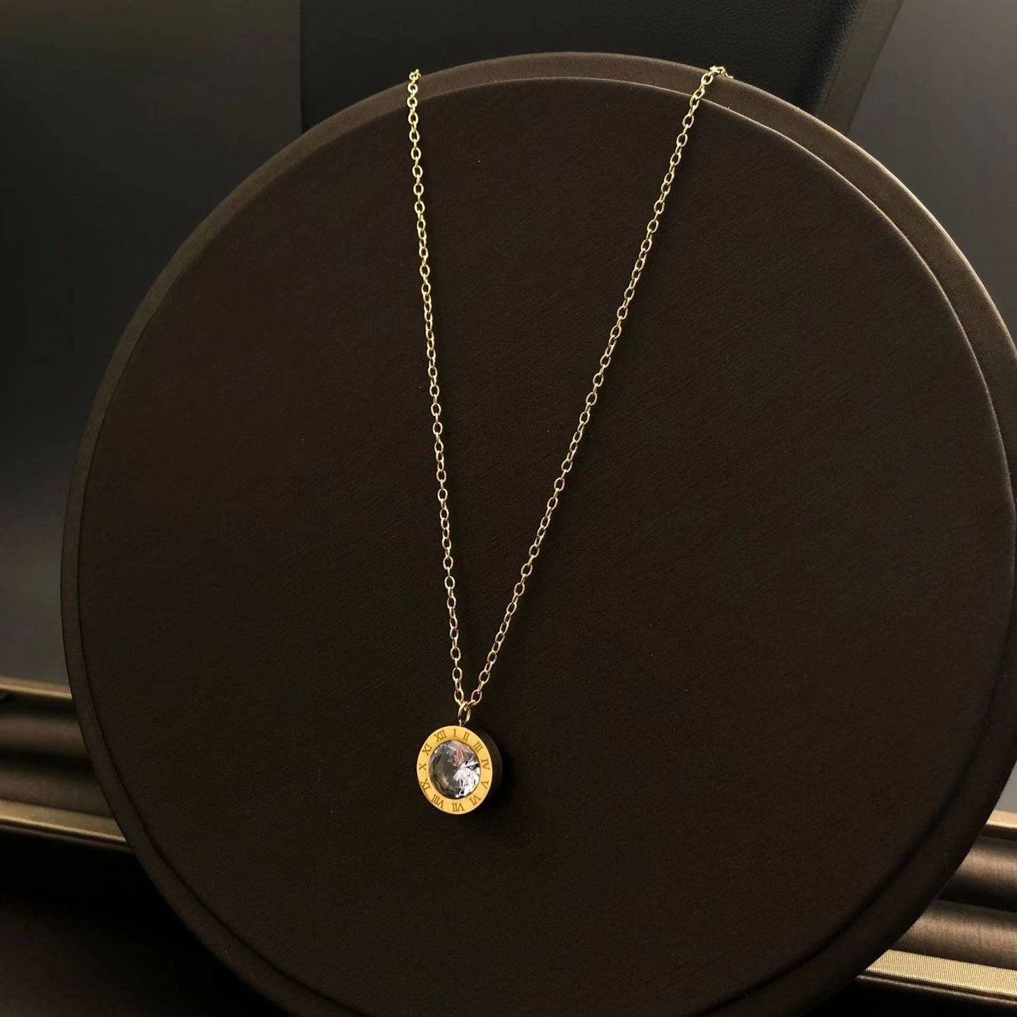 Minimalist Geometric Roman Pendant Necklace for Women in Titanium Steel with Gold Plating Locket Chain