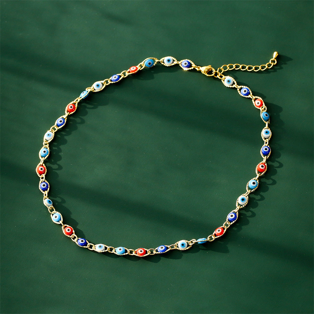 Geometric Drip Oil Brass Evil Eye Pendant Necklace for Women