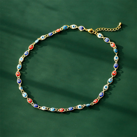Geometric Drip Oil Brass Evil Eye Pendant Necklace for Women