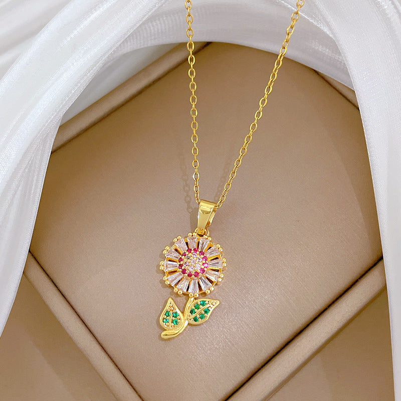 Sweet Luxury Colorful Floral Geometric Cubic Zirconia Titanium Steel Necklace for Unisex