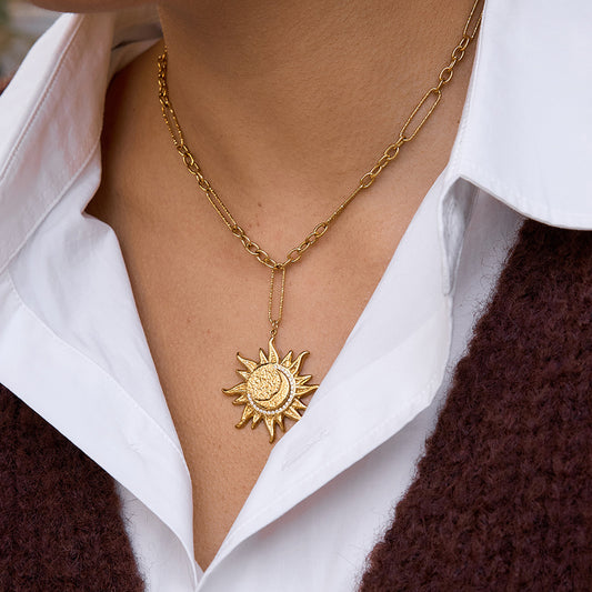 Minimalist Stainless Steel Sun Pendant Necklace and Earring Set for Women with PVD Plated Cable Chain