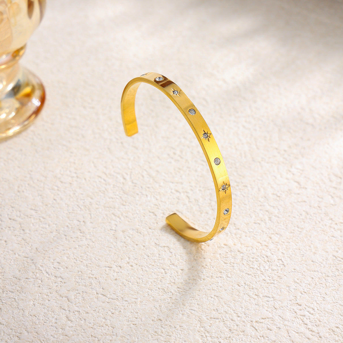 Fashion 18K Gold Plated Stainless Steel Rhinestone Inlaid Geometric Snake Chain Open Cuff Bracelet