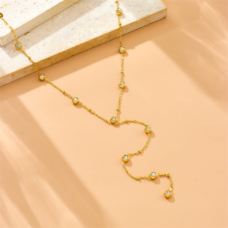 Minimalist Round Rhinestone Inlay Stainless Steel Y-Shape Tassel Necklace for Women