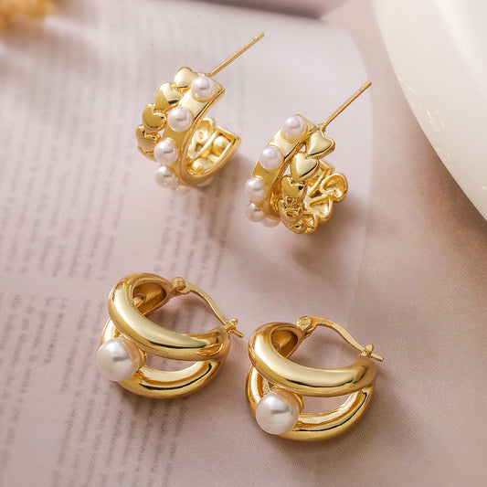 Vintage Minimalist Geometric Copper Earrings with Micro-Set Pearls and 18K Gold Plating for Women