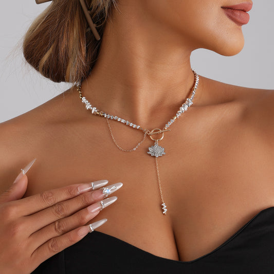 Geometric Triangle Lotus Rhinestone Inlay Alloy Pendant Necklace with Tassel for Women