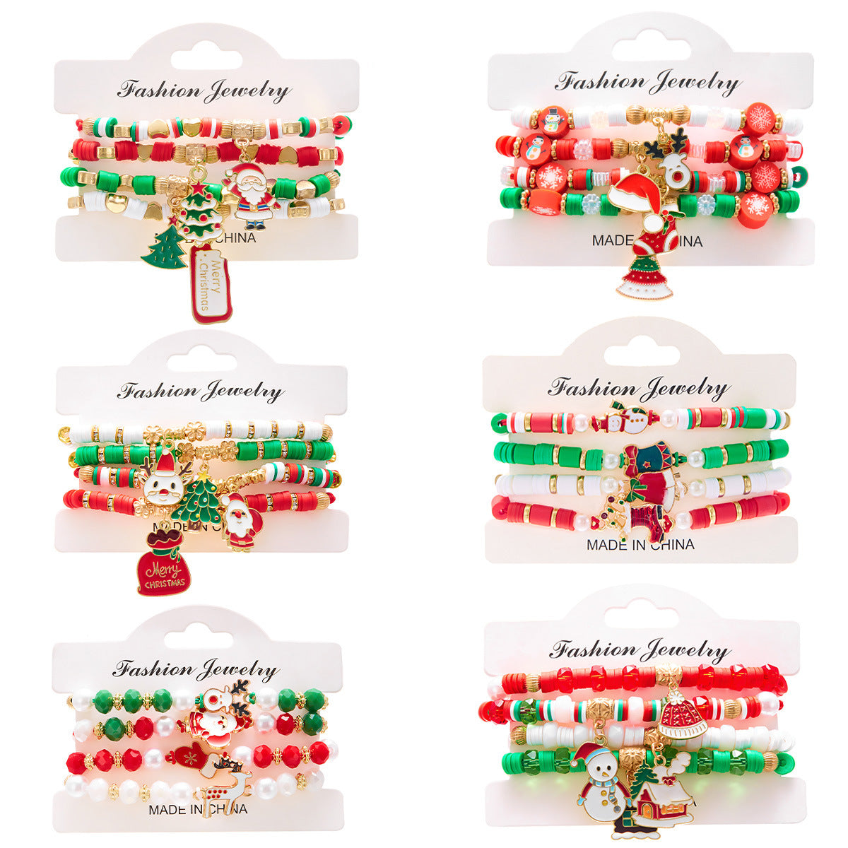 Juego de Pulseras Artesanales Navideñas con Dijes de Papá Noel y Renos en Resina, Arcilla Polimérica y Aleación con Detalles de Cristal y Vidrio para Mujer