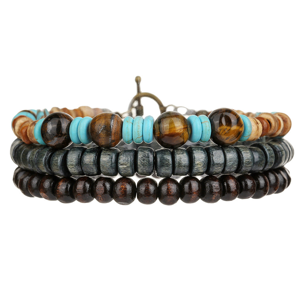 Vintage Round Wood Beaded Bracelet with Turquoise Inlay Unisex Multi-Layer Set