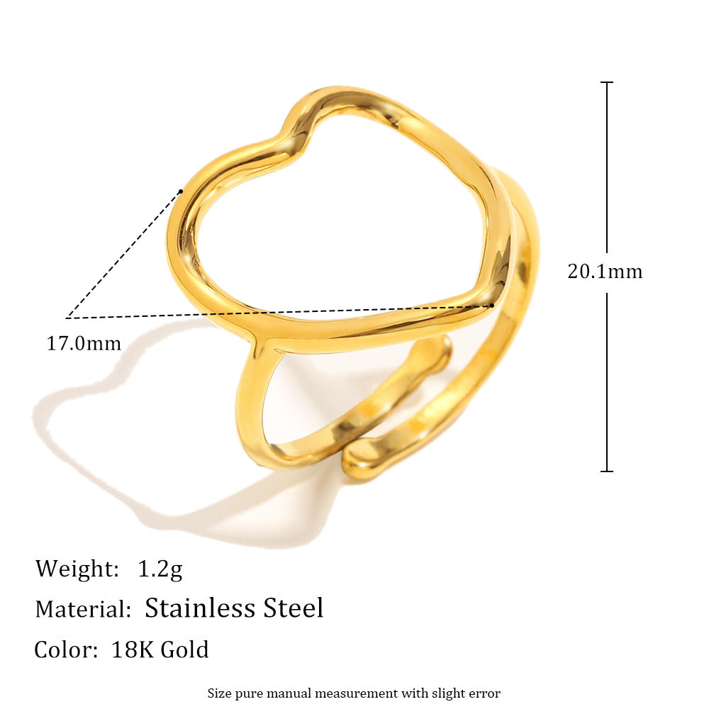 Fashionable Heart-Shaped Stainless Steel Ring with 18K Gold Plating, Hollow Star and Beaded Edge Design, Multi-Layer Zircon Accent, Office-Appropriate Minimalist Jewelry for Women