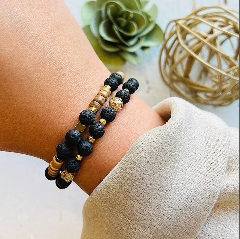 Handmade Natural Semi-Precious Stone Beaded Bracelet with Volcanic Rock and Wood Beads for Men Unisex Summer Vacation Jewelry