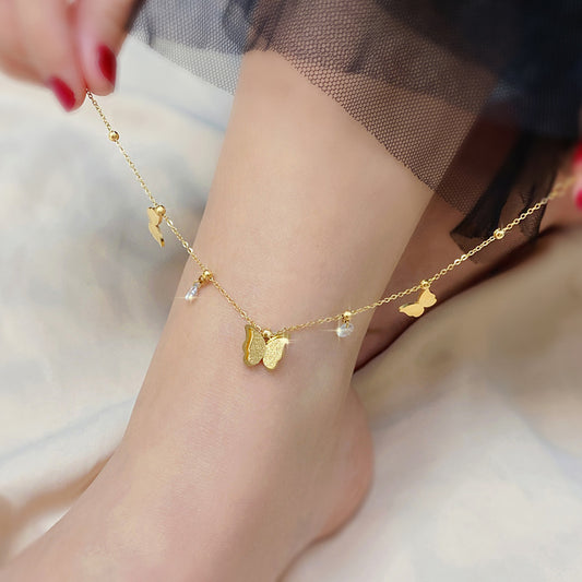 Minimalist Butterfly Anklet for Women in Titanium Steel with 18K Gold Plating, Cold-Tone Nature-Inspired Design