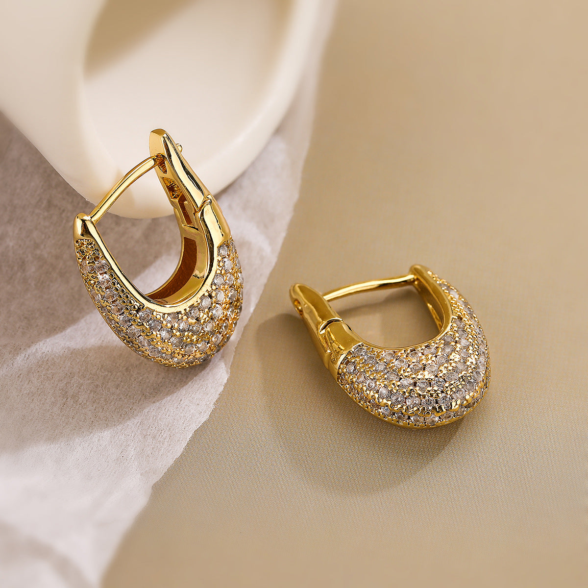Minimalist Geometric U-Shaped Earrings for Women with Copper Base Plated in 18K Gold and Zircon Inlay