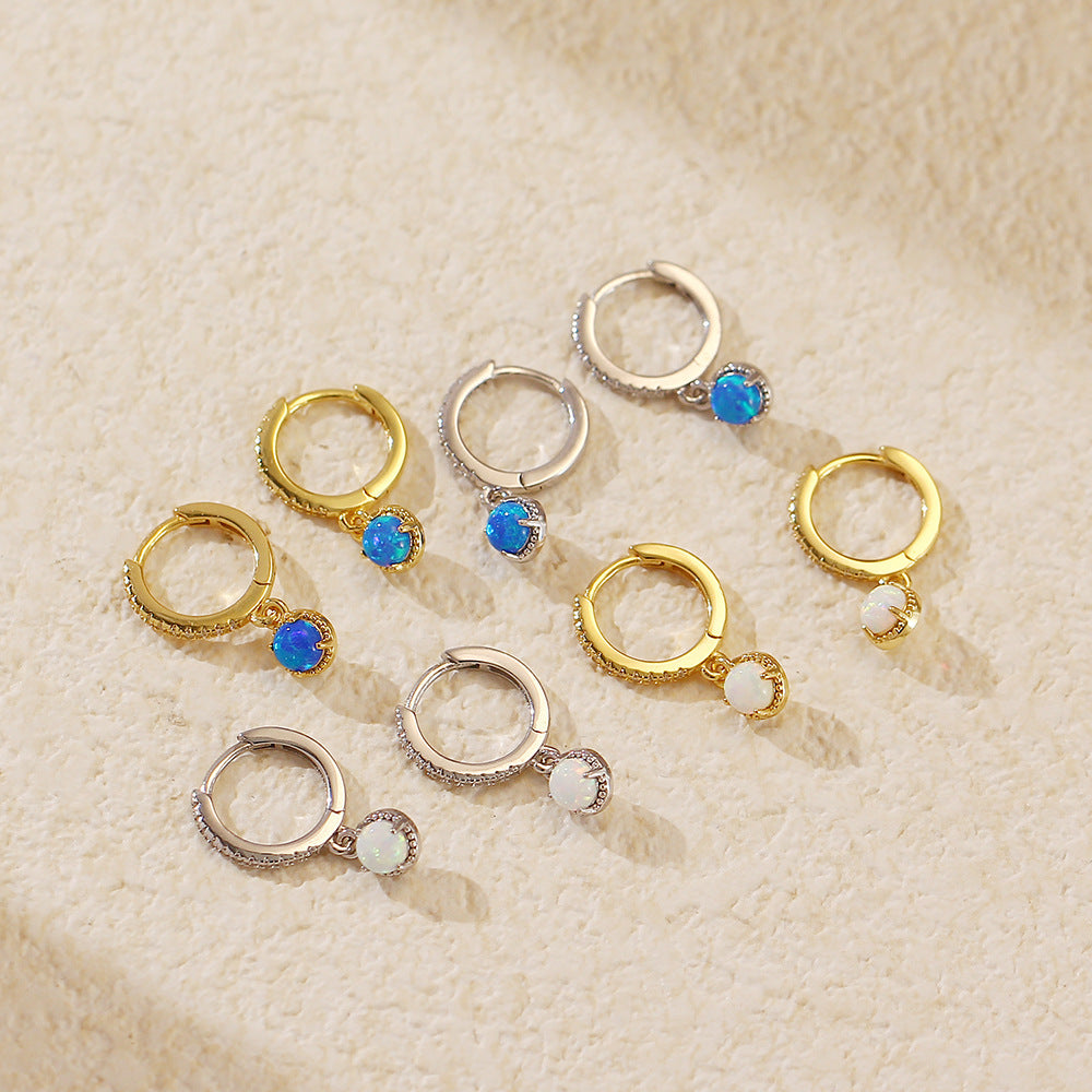 Luxury Elegant 925 Sterling Silver Plated Round Geometric Opal Hoop Earrings