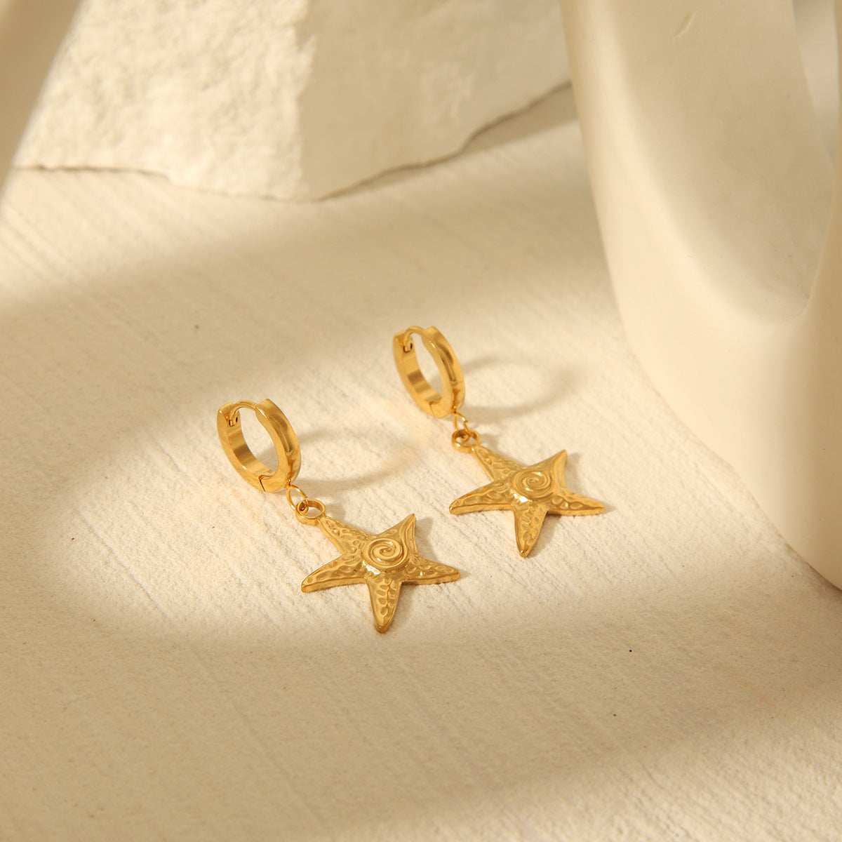 Vintage French Style 18K Gold Plated Stainless Steel Starfish Geometric Earrings for Women