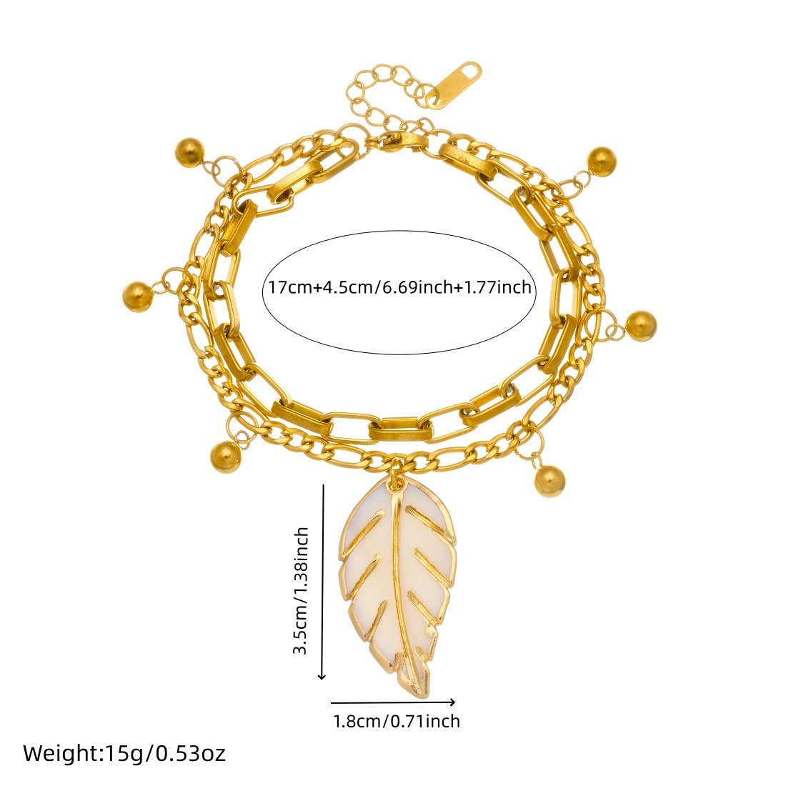 Vintage Casual Double Layer Stainless Steel Cable Chain Bracelet with Gold Bead Drip Oil Leaf Pendant