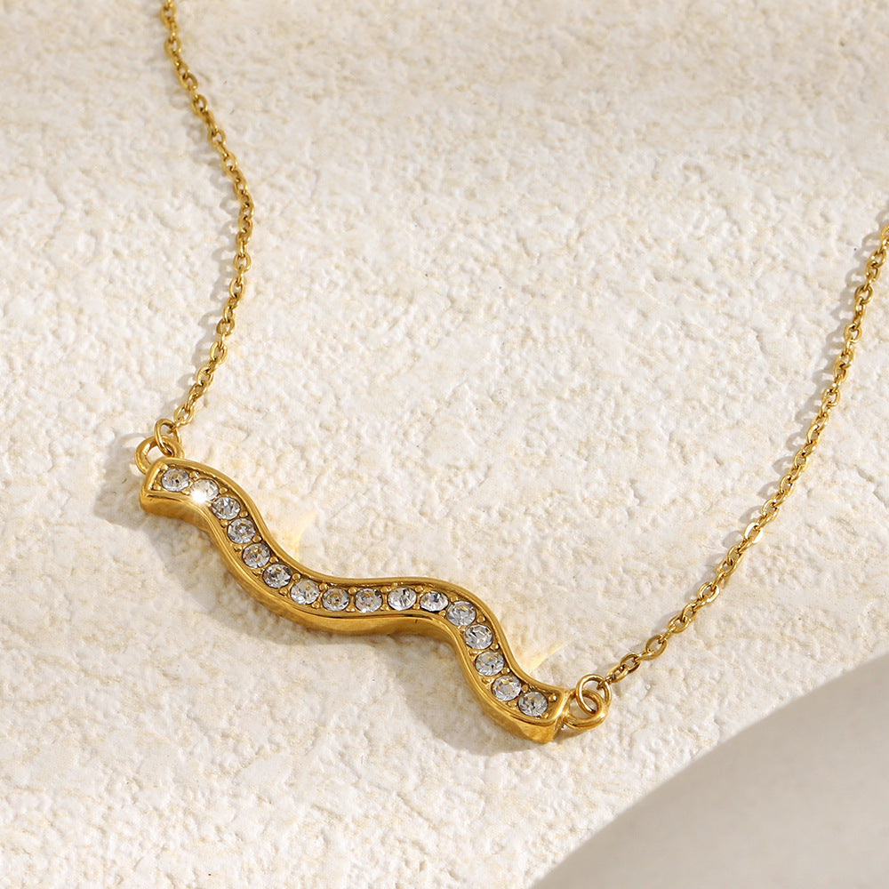 Casual Geometric Stainless Steel Gold Plated Rhinestone Wave Pendant Necklace for Women