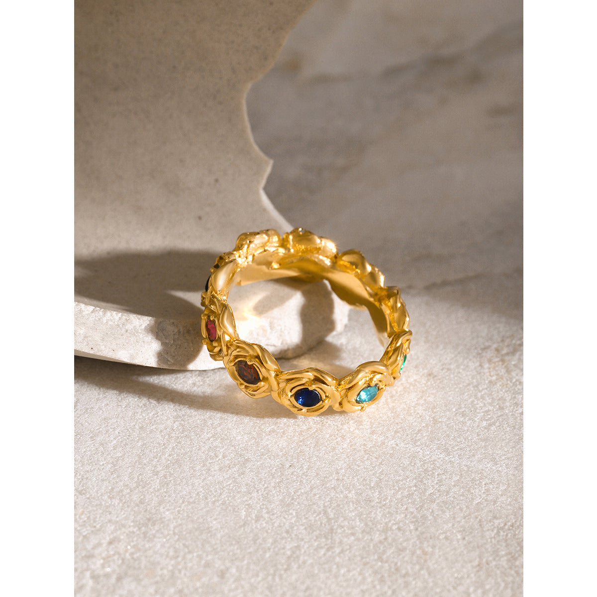 Vintage Elegant 18K Gold Plated Stainless Steel Round Rose Cubic Zirconia Ring for Women